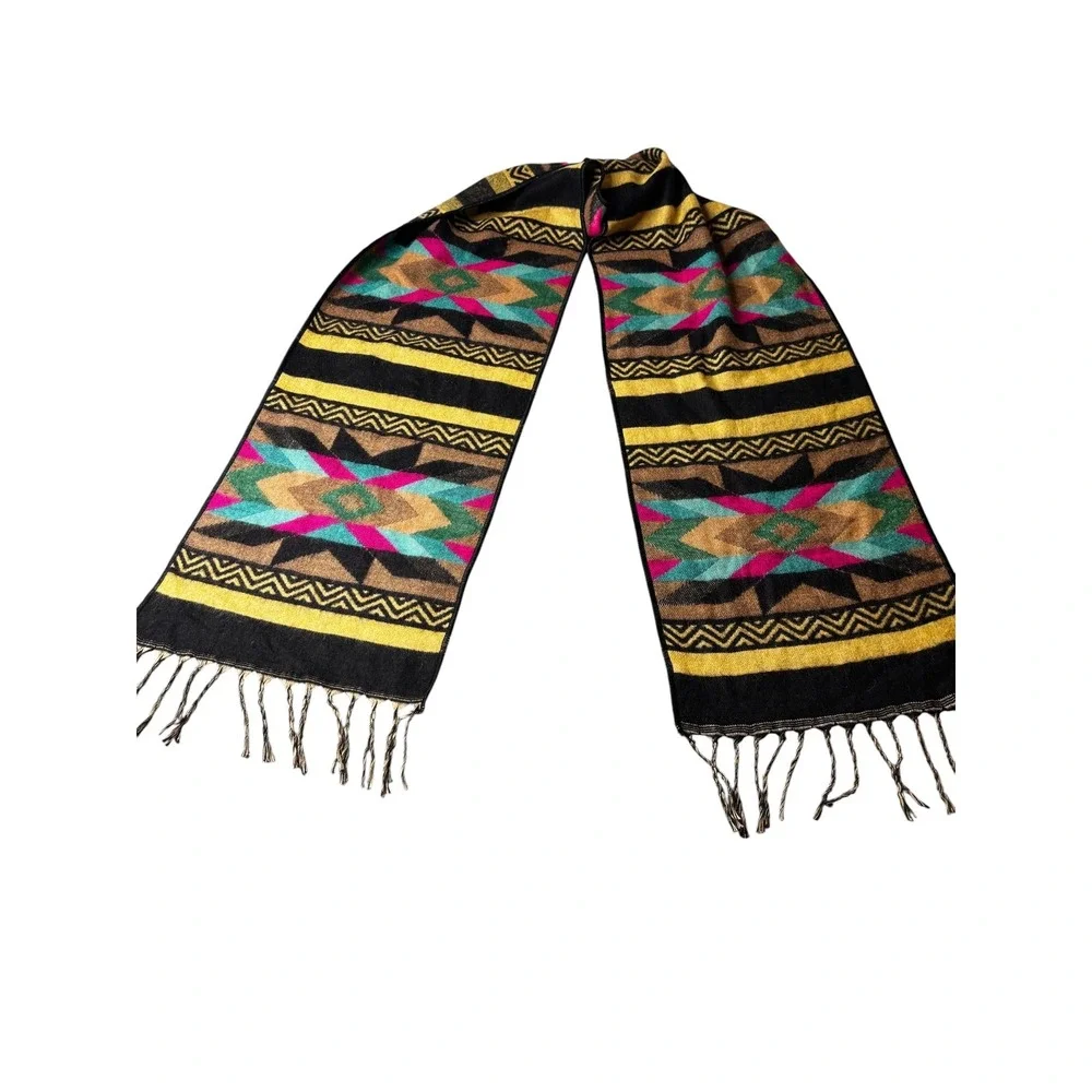 El Paso Saddleblanket Co Southwestern Geometric Fringe Scarf Black Yellow Pink